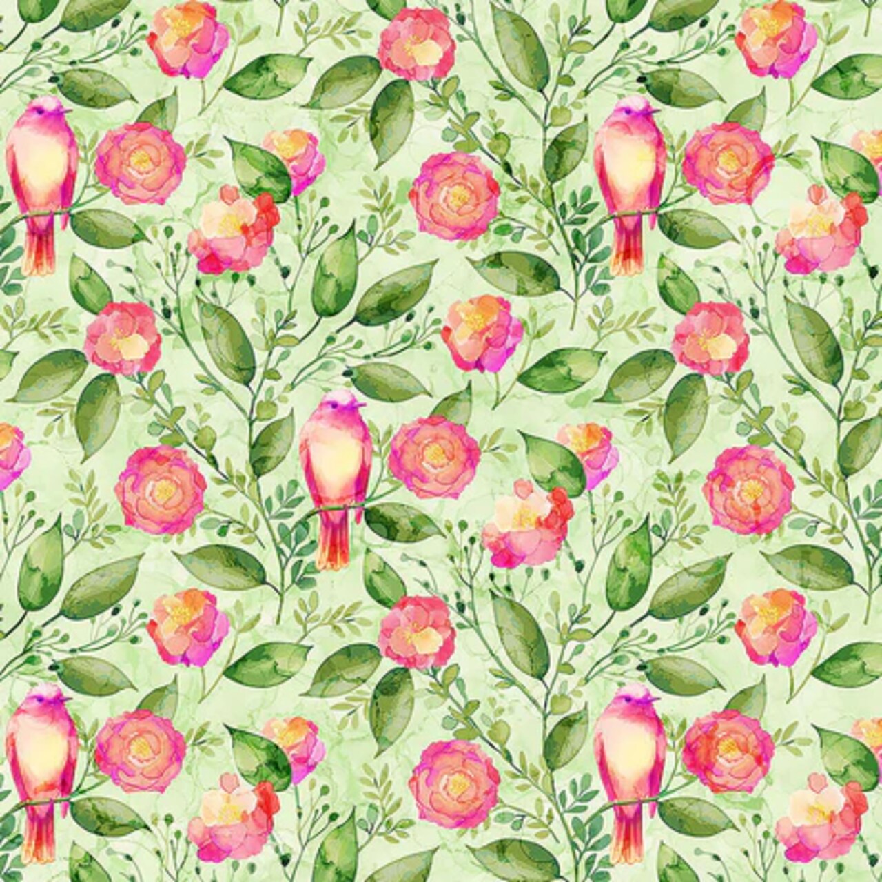 Fabric Northcott Pale Green Florals & Birds Veranda by the Quarter Yard DP28399-72